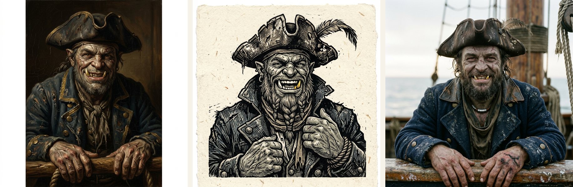 The same character in three art styles